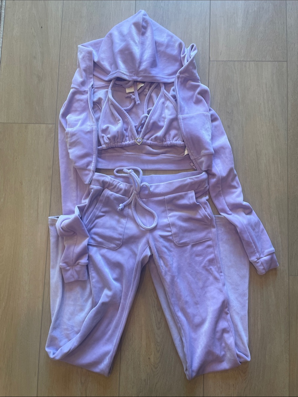 3-Piece Velour Tracksuit with Bikini Top - Lavender